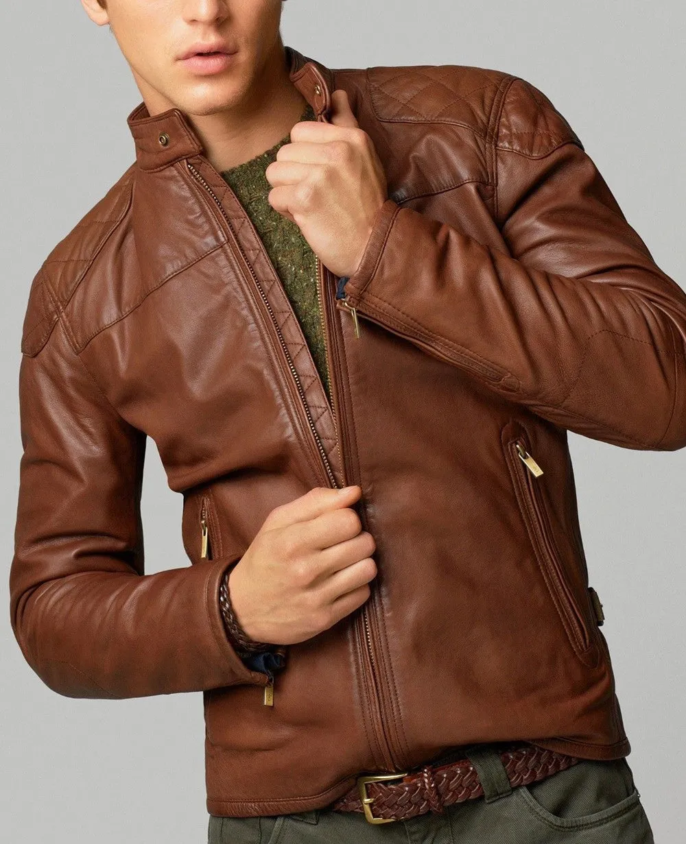 Aloha Real Leather Jacket Men Brown Biker Motorcycle Genuine