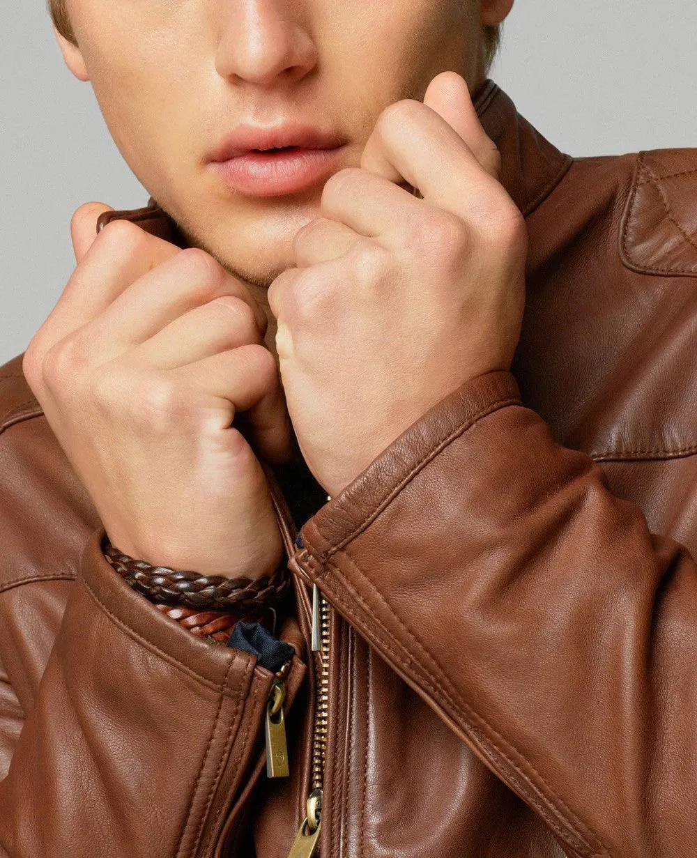 Aloha Real Leather Jacket Men Brown Biker Motorcycle Genuine