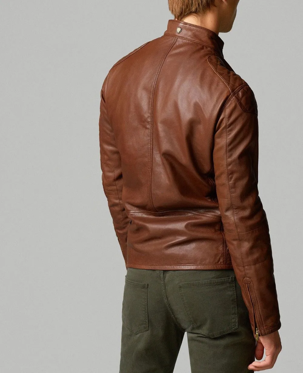 Aloha Real Leather Jacket Men Brown Biker Motorcycle Genuine