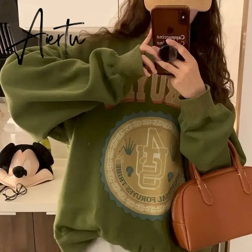 American Vintage Pullover Women Autumn Winter New Korean Plus Velvet Thick Print Long-sleeved T Shirt Crewneck Sweatshirt