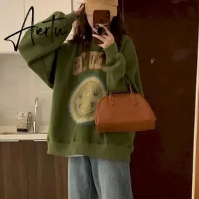 American Vintage Pullover Women Autumn Winter New Korean Plus Velvet Thick Print Long-sleeved T Shirt Crewneck Sweatshirt