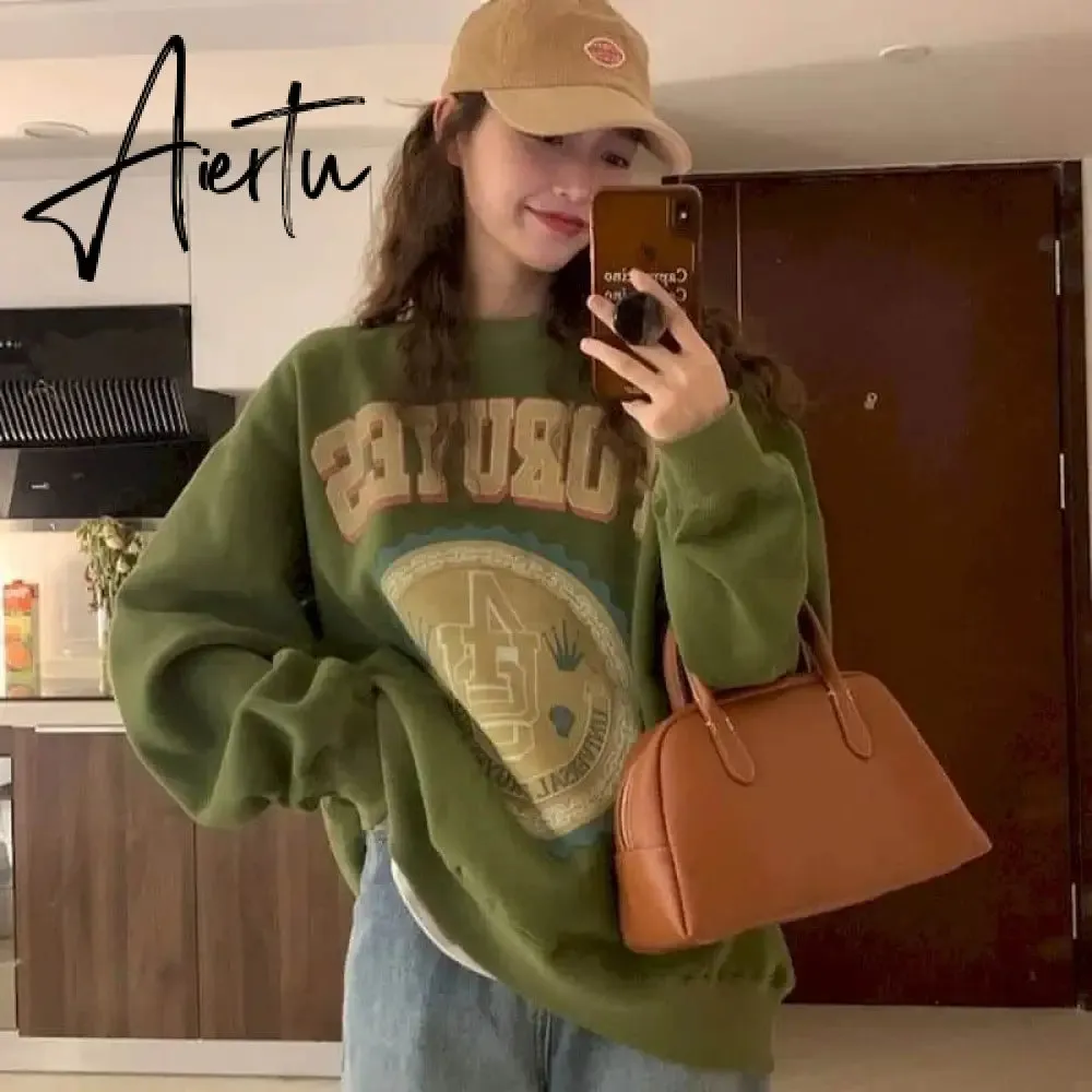 American Vintage Pullover Women Autumn Winter New Korean Plus Velvet Thick Print Long-sleeved T Shirt Crewneck Sweatshirt