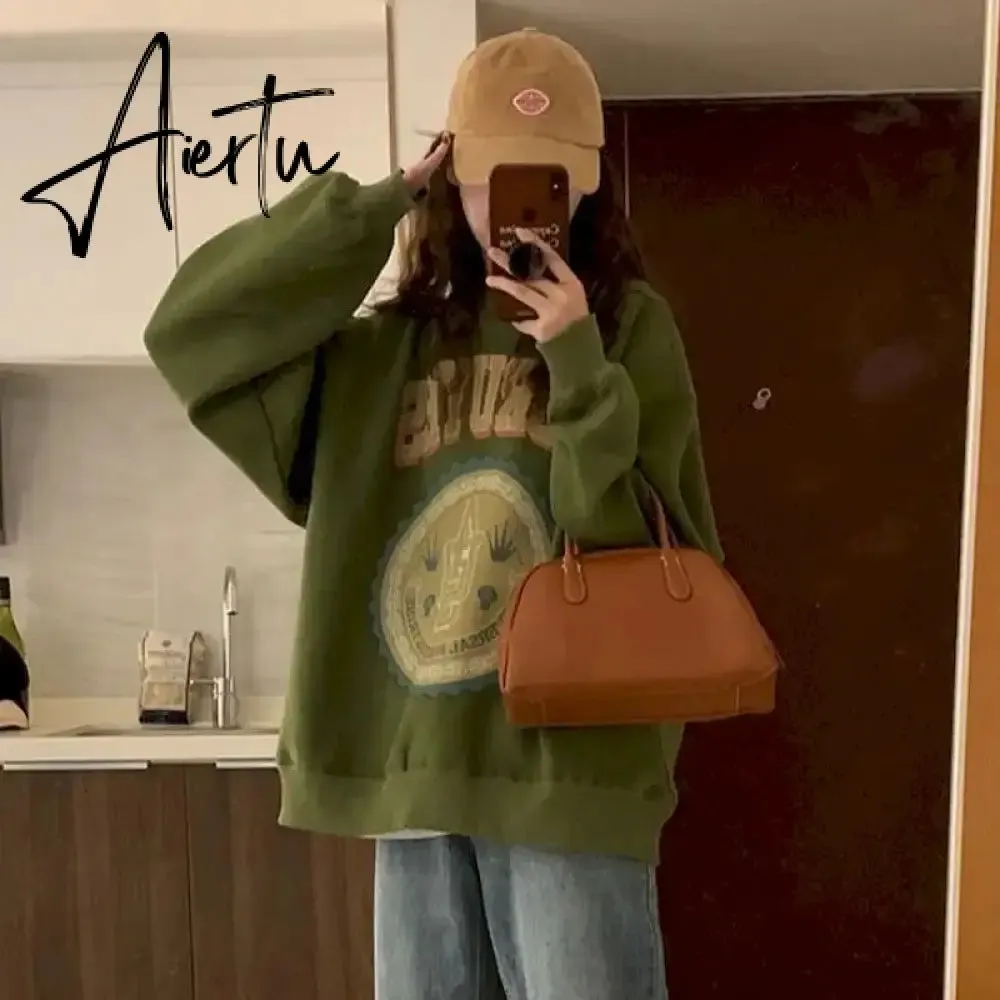 American Vintage Pullover Women Autumn Winter New Korean Plus Velvet Thick Print Long-sleeved T Shirt Crewneck Sweatshirt