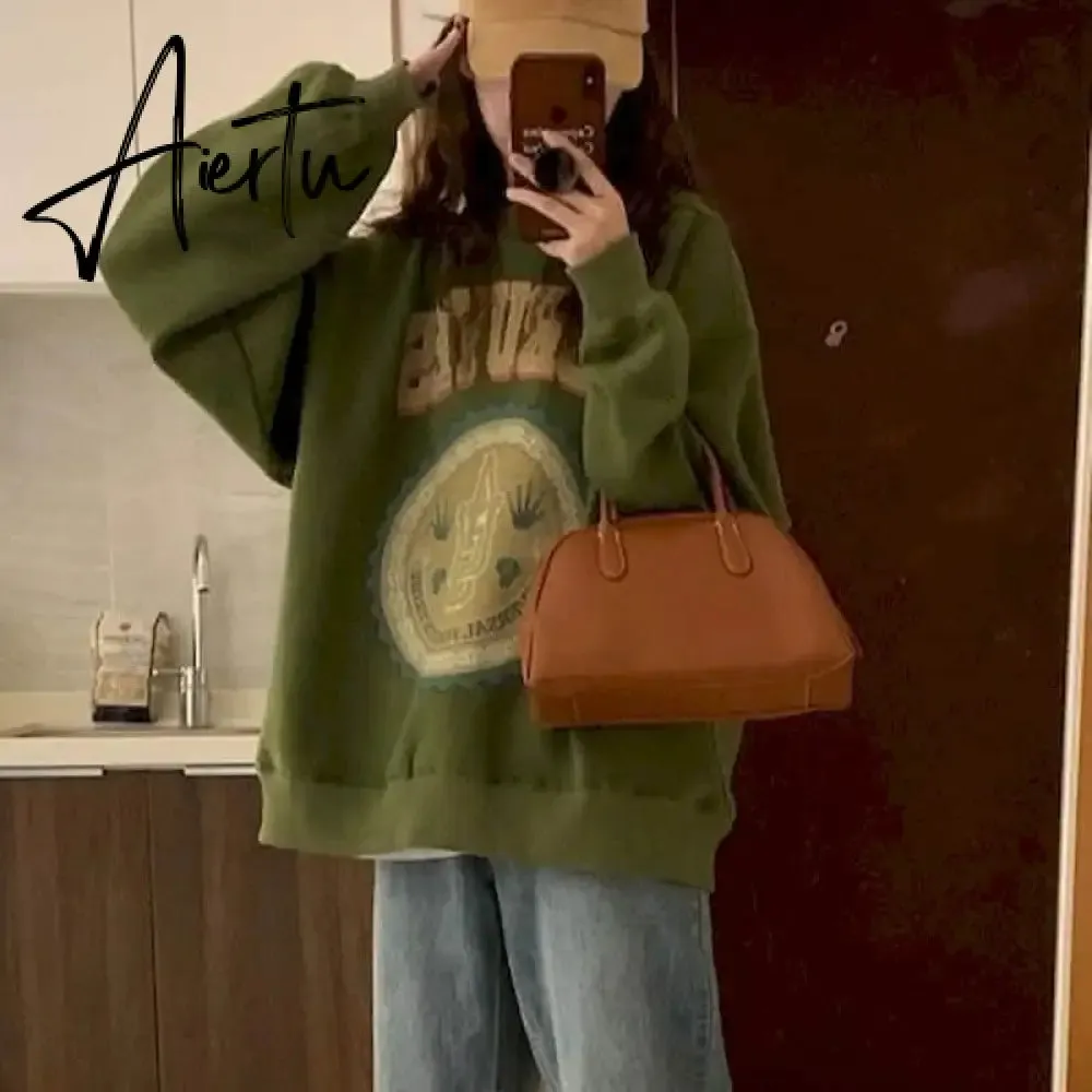 American Vintage Pullover Women Autumn Winter New Korean Plus Velvet Thick Print Long-sleeved T Shirt Crewneck Sweatshirt