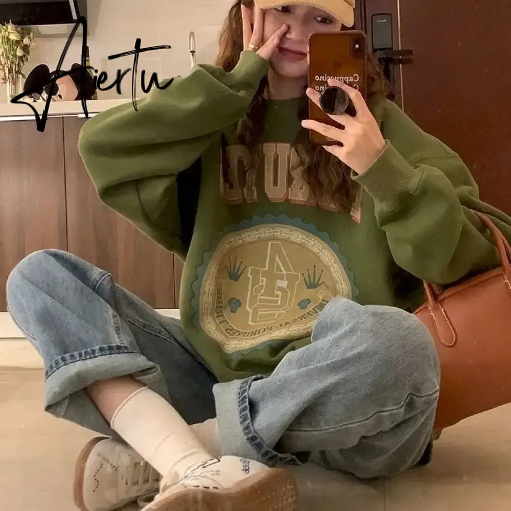 American Vintage Pullover Women Autumn Winter New Korean Plus Velvet Thick Print Long-sleeved T Shirt Crewneck Sweatshirt