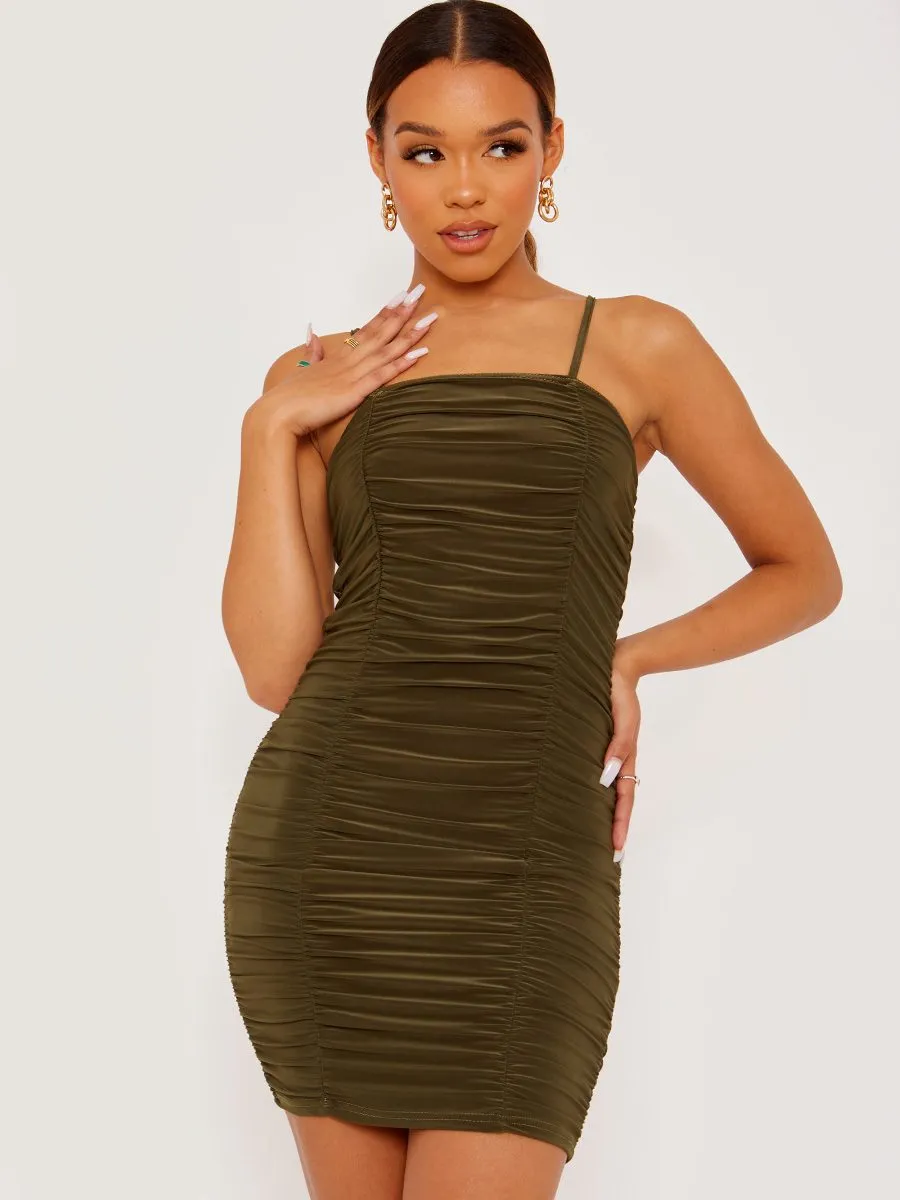 Amy Slinky Ruched Cami Dress In Olive