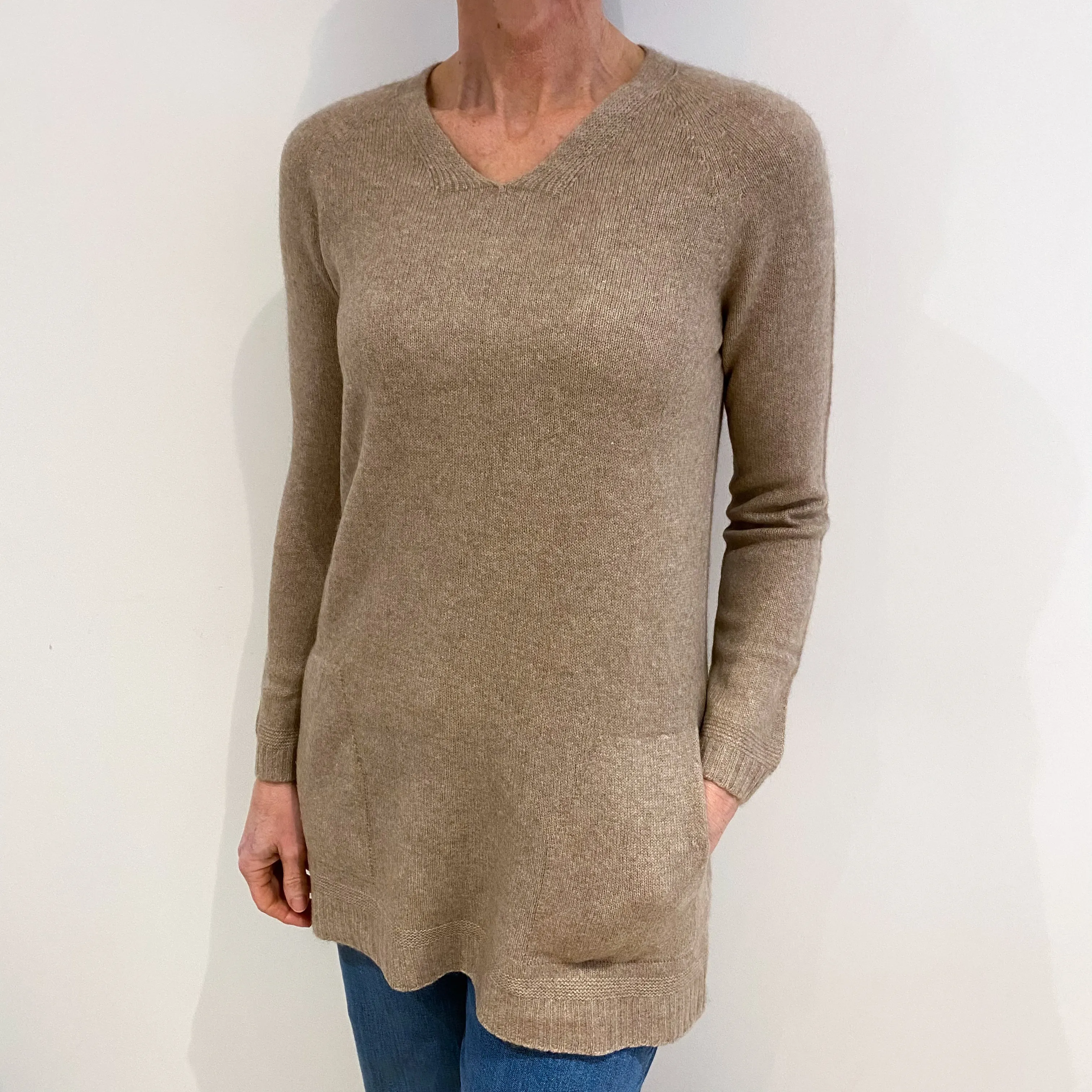 Biscuit Beige Cashmere V Neck Long Line Jumper With Pockets Small