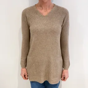Biscuit Beige Cashmere V Neck Long Line Jumper With Pockets Small