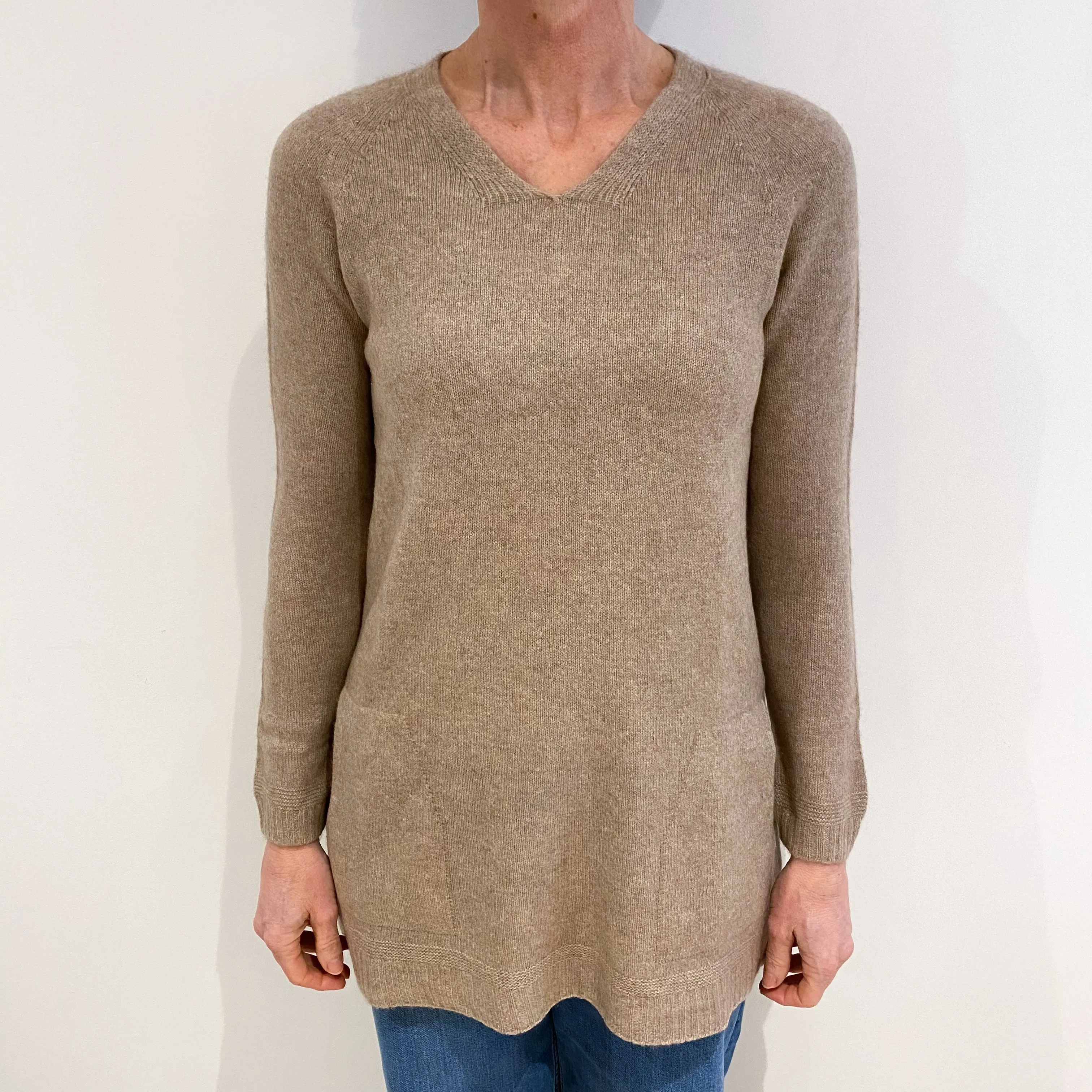 Biscuit Beige Cashmere V Neck Long Line Jumper With Pockets Small