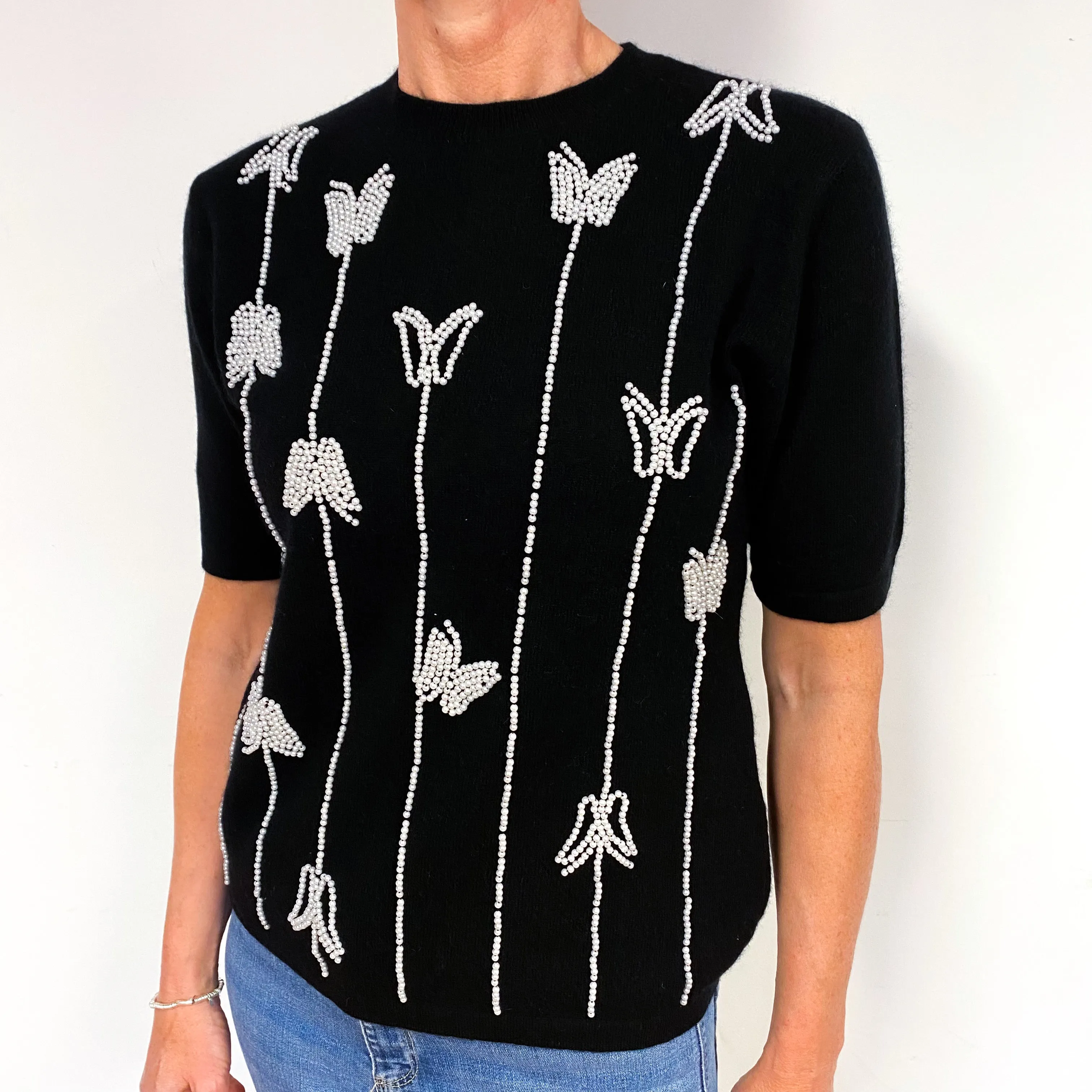 Black Butterfly Embellished Cashmere Short Sleeve Jumper Medium