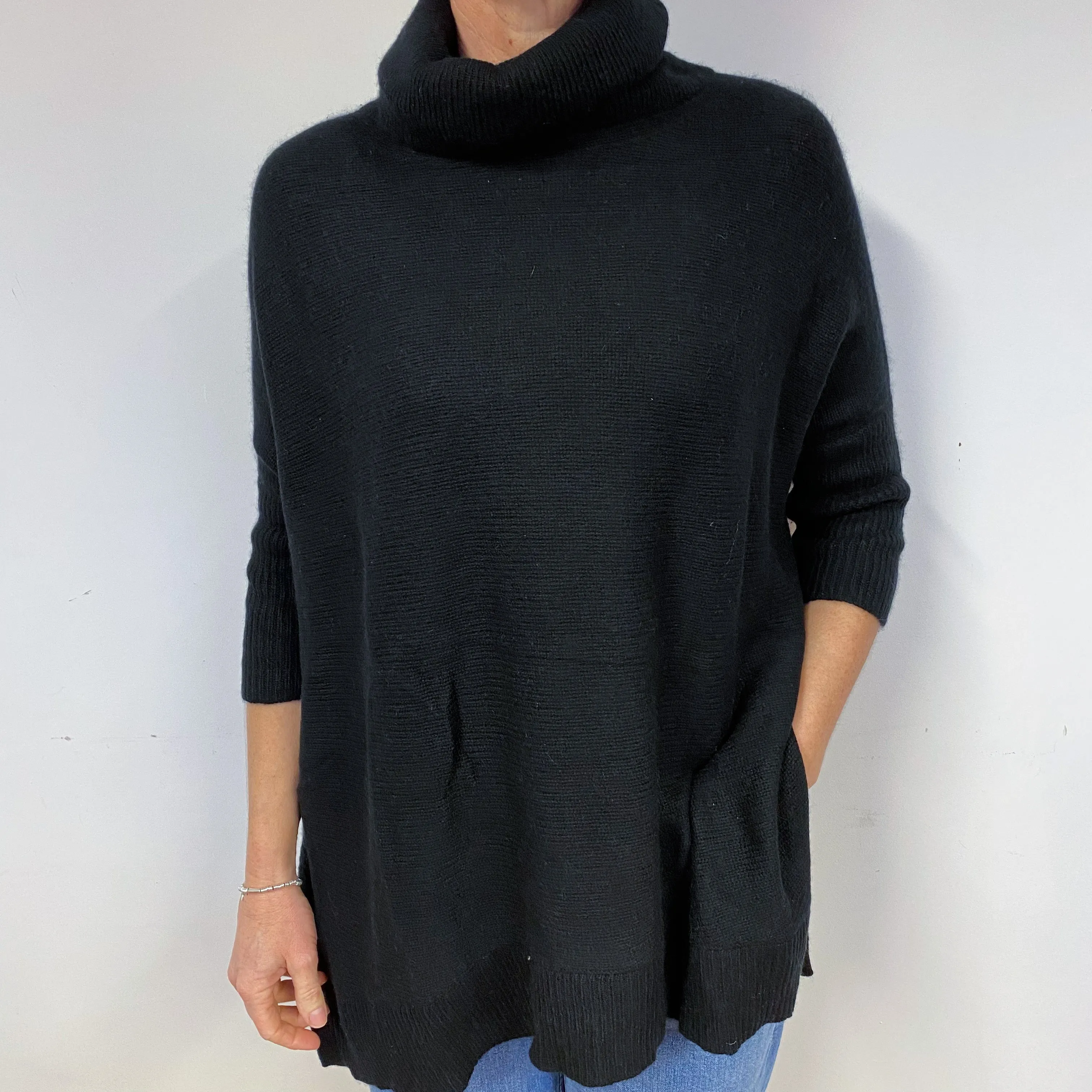 Black Chunky Tunic Style Cashmere Polo Neck Jumper Medium