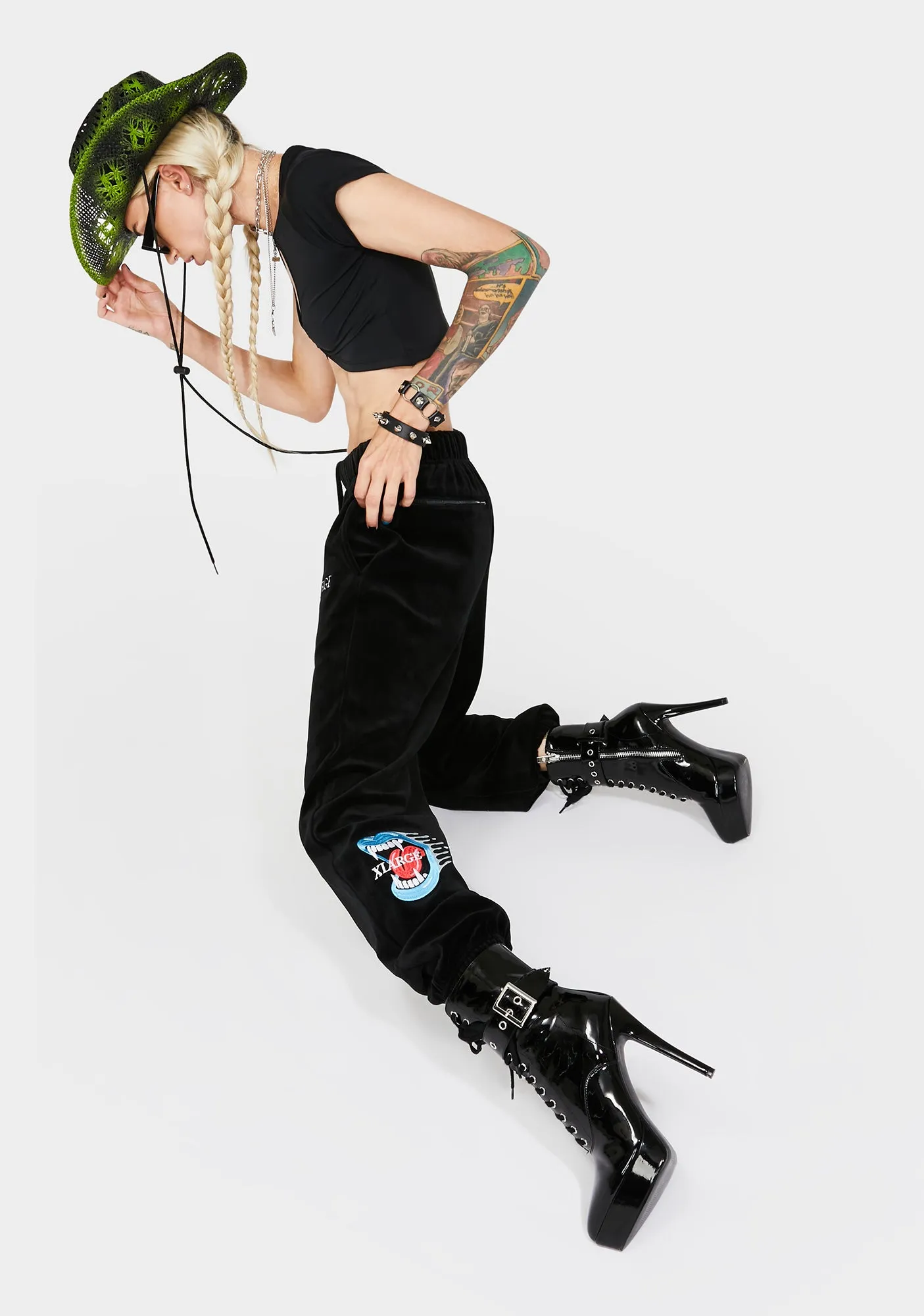 Black Embroidered Velour Joggers