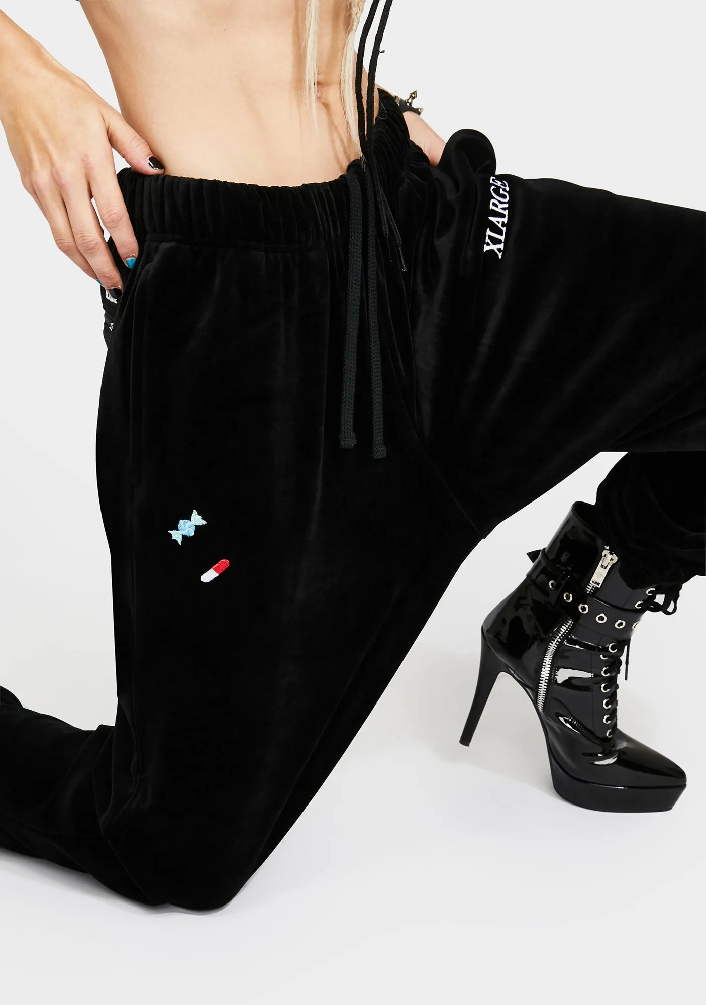 Black Embroidered Velour Joggers
