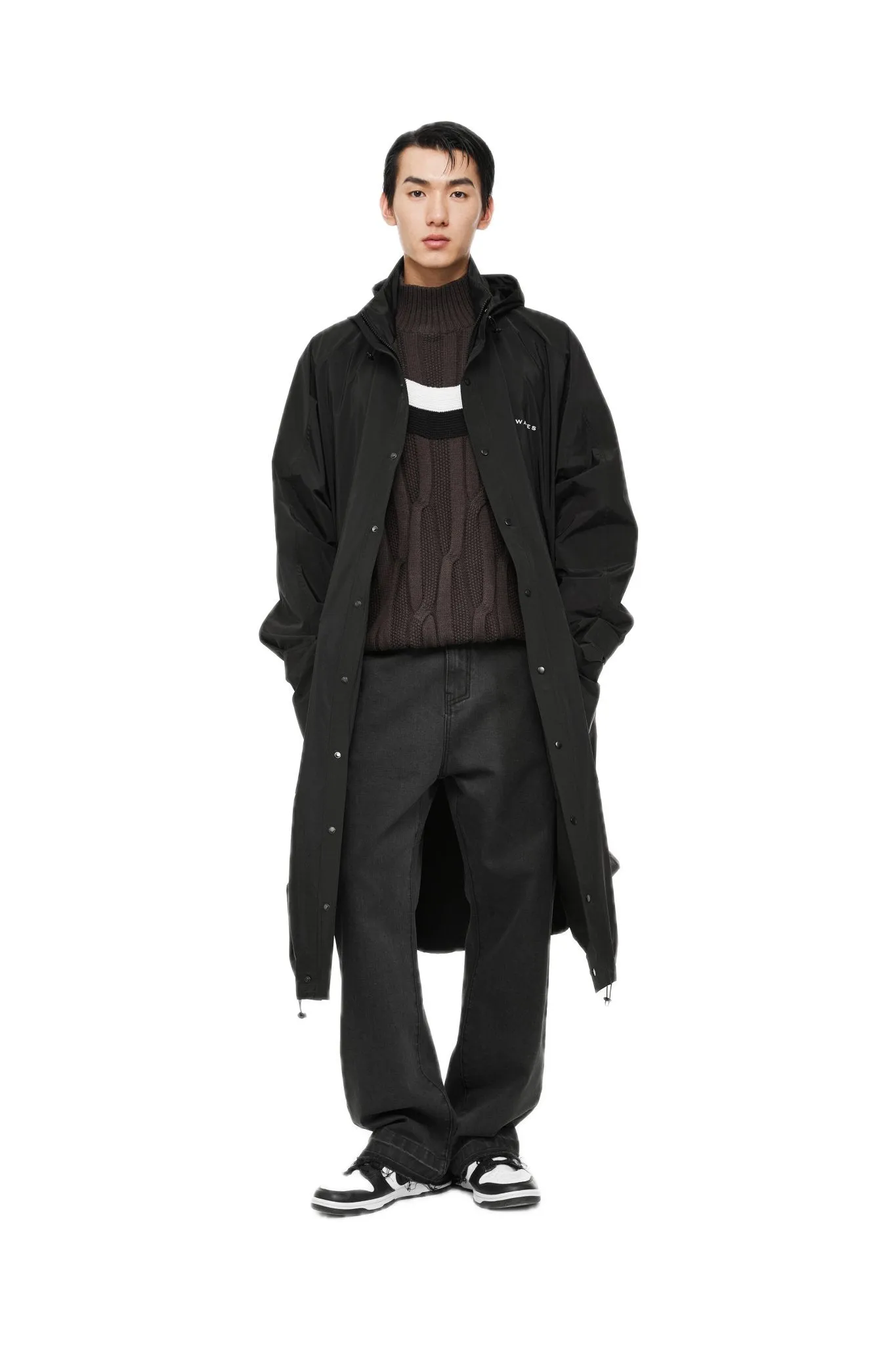 Black Packable Hooded Logo Print Long Trench Coat