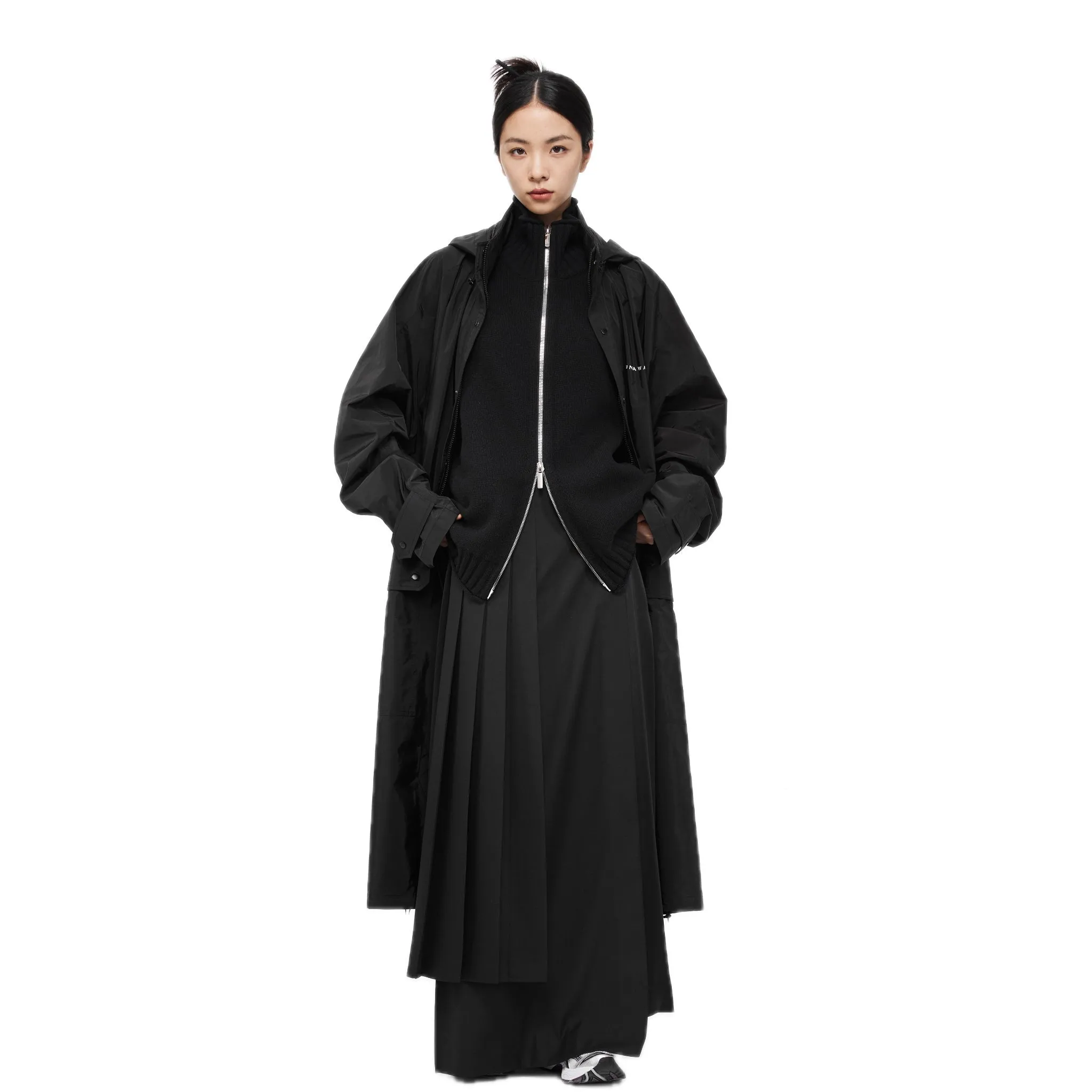 Black Packable Hooded Logo Print Long Trench Coat