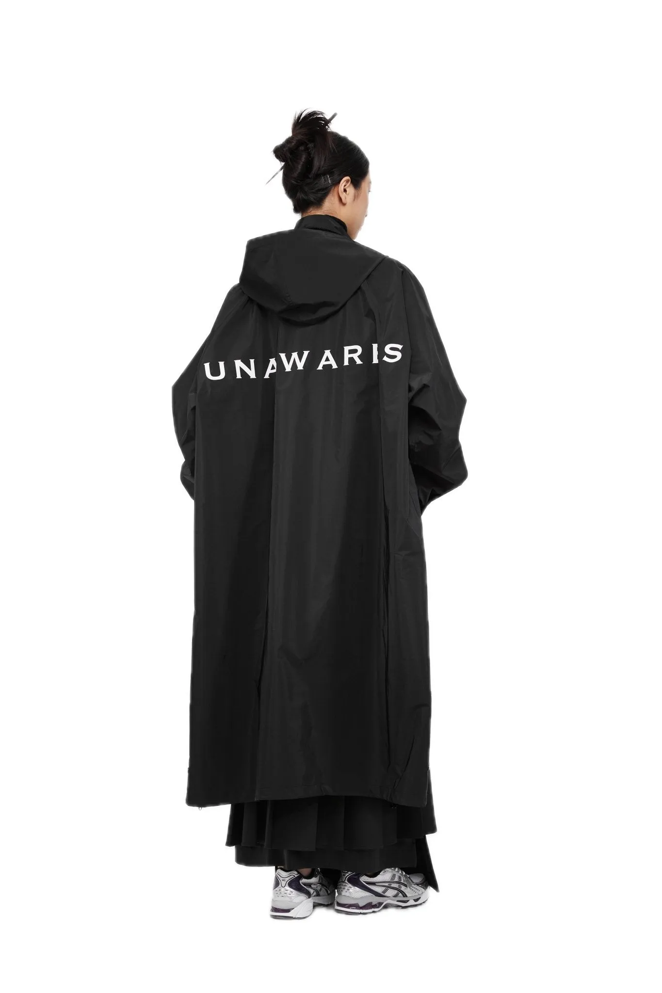Black Packable Hooded Logo Print Long Trench Coat