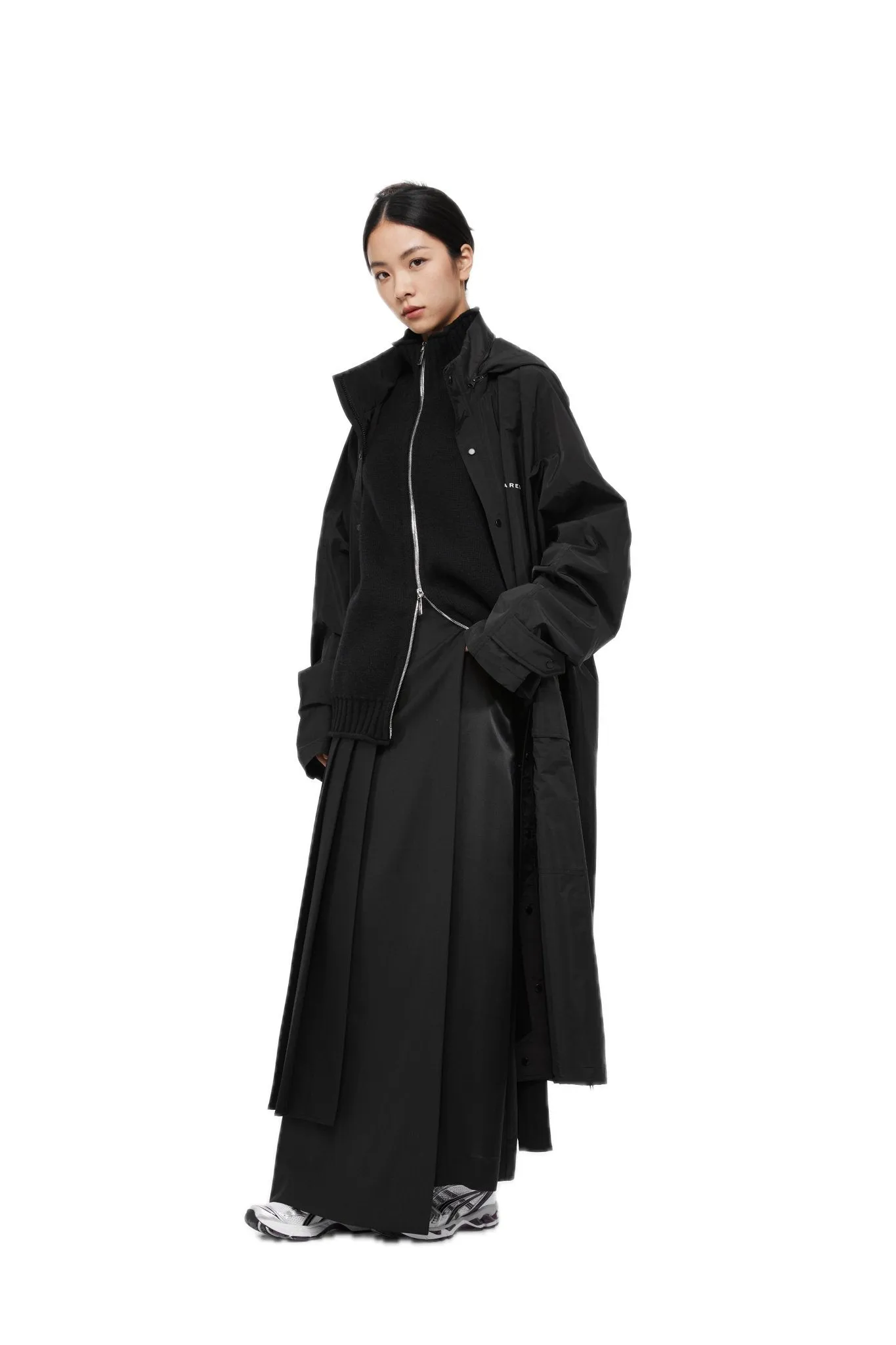 Black Packable Hooded Logo Print Long Trench Coat