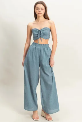 Blue 2 Piece Casual Bustier Top Wide Legged Pants Set