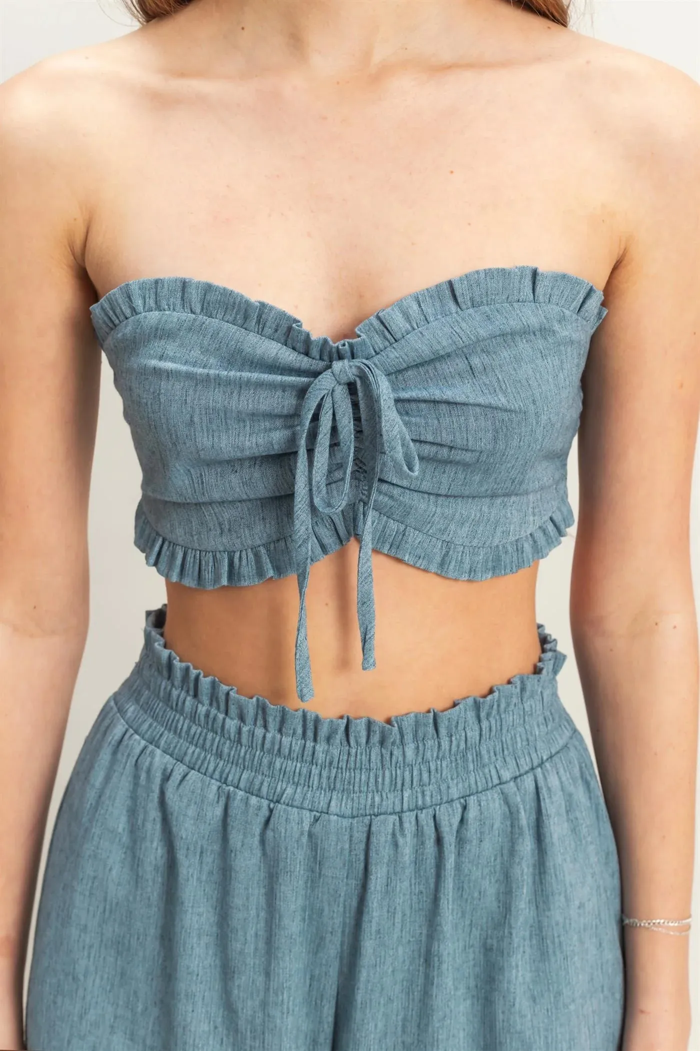 Blue 2 Piece Casual Bustier Top Wide Legged Pants Set