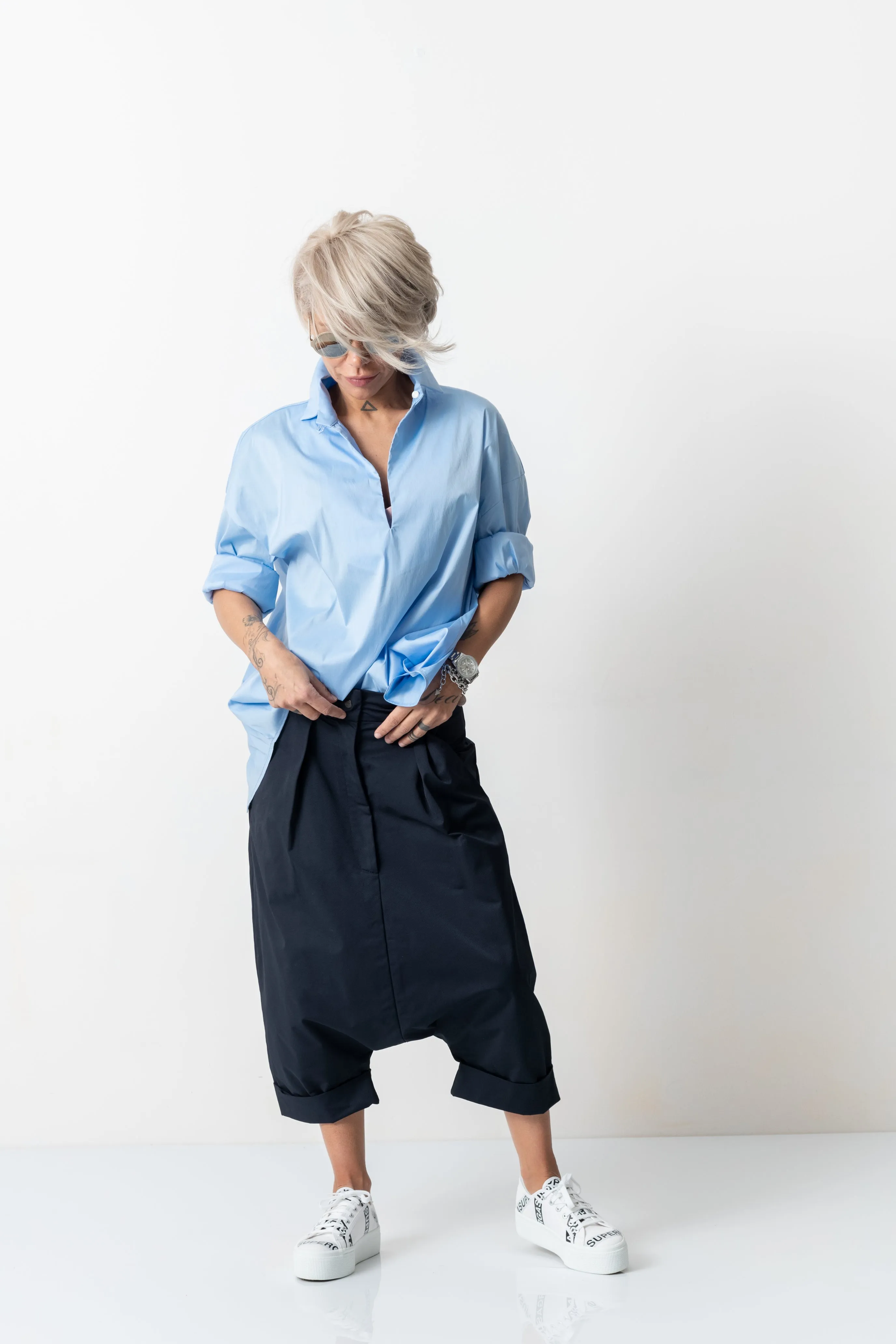 Blue Drop Crotch Casual Pants with Side Pockets