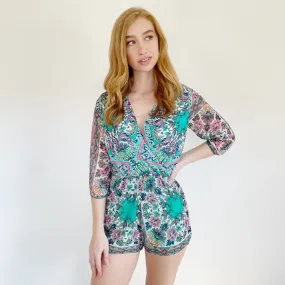 Boutique Sage Floral Sheer Romper Small
