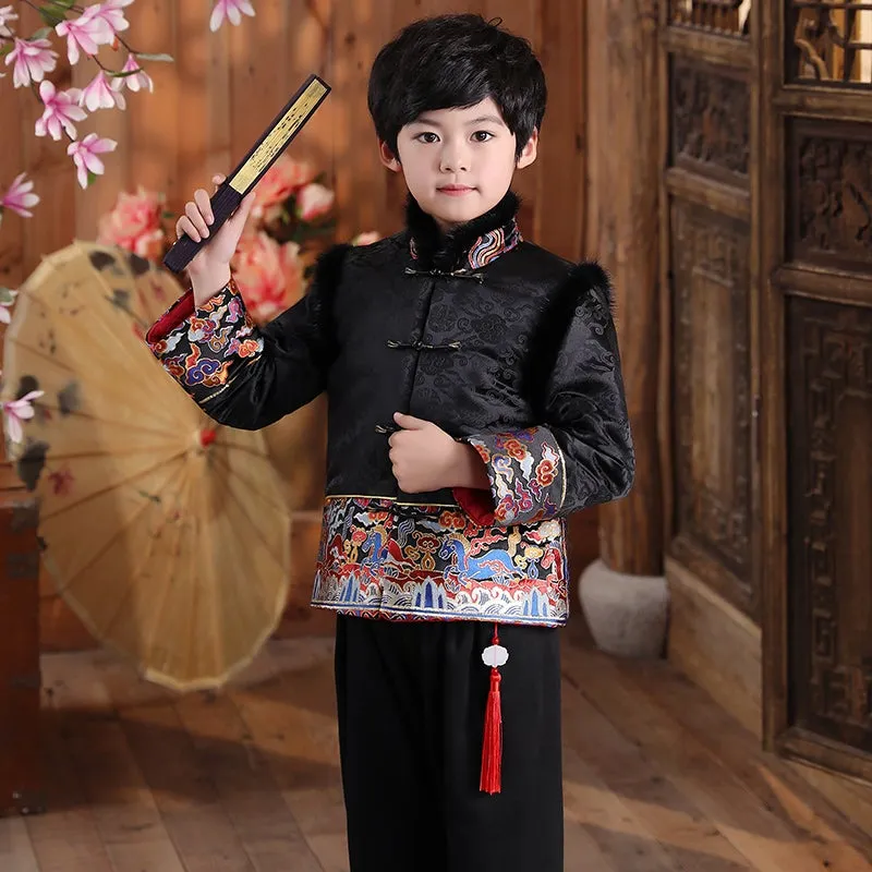 Brocade Fur Collar Tradtional Chinese Style Boy's Wadded Suit