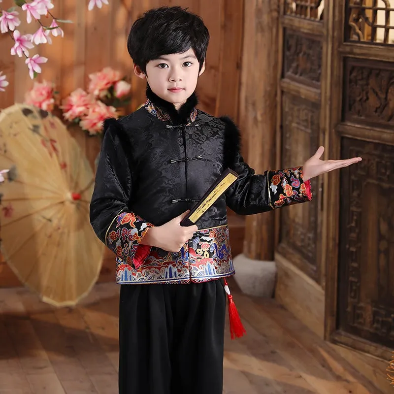 Brocade Fur Collar Tradtional Chinese Style Boy's Wadded Suit