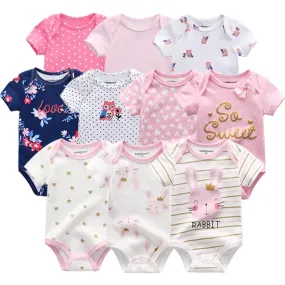Cartoon Print Baby Girls Short Sleeve Cotton Romper Set
