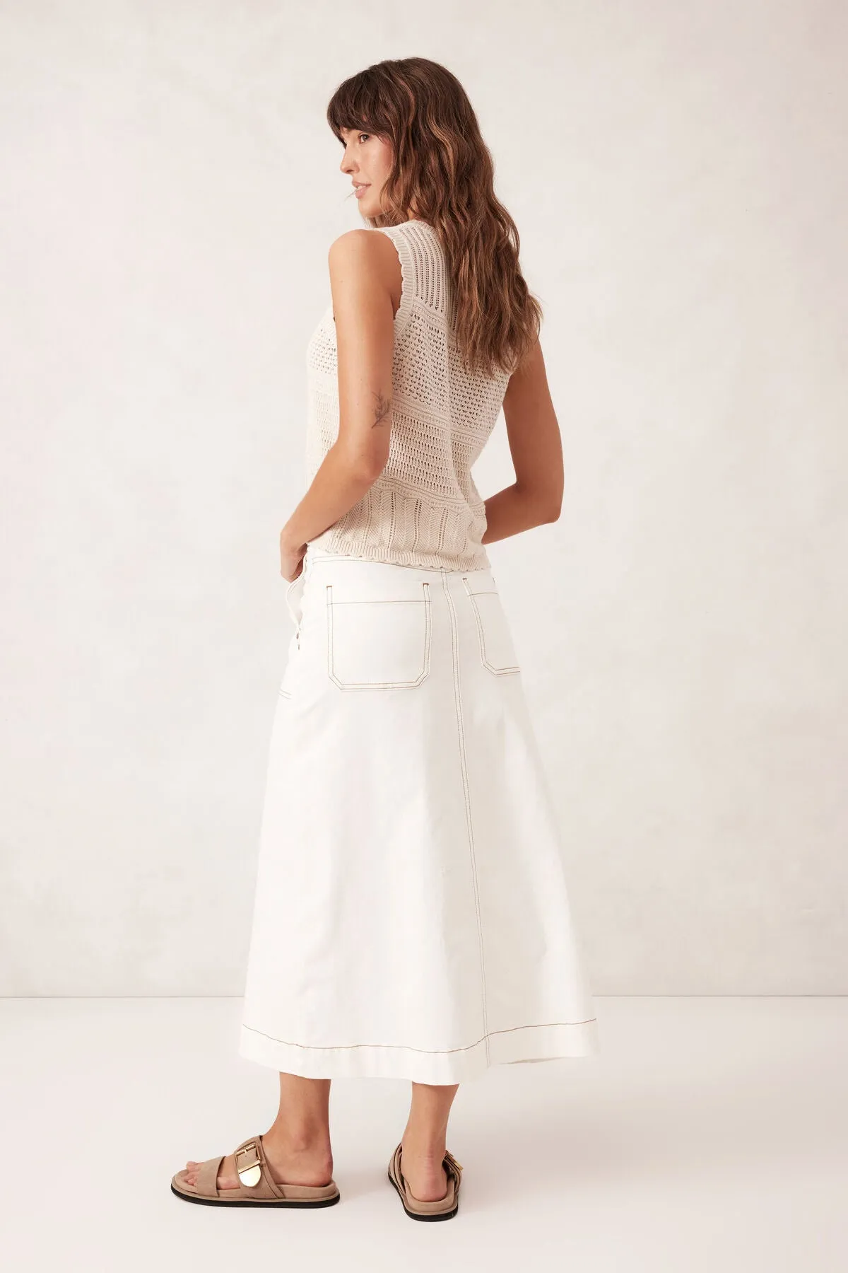 Ceres Life Patch Picket Denim Midi Skirt - fresh ecru