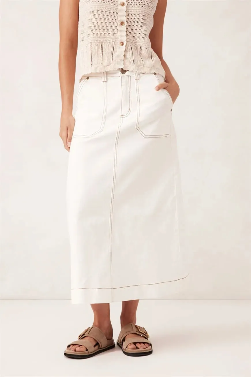 Ceres Life Patch Picket Denim Midi Skirt - fresh ecru