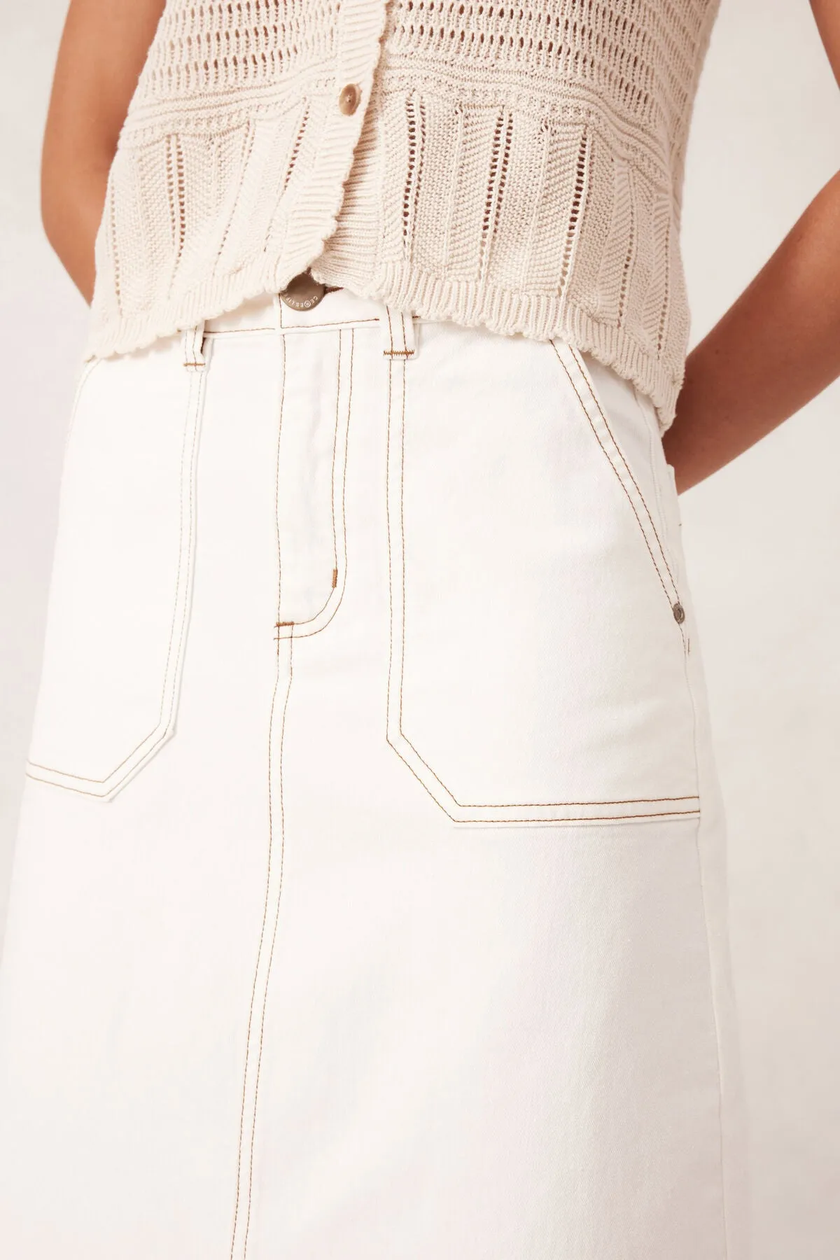 Ceres Life Patch Picket Denim Midi Skirt - fresh ecru