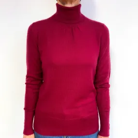 Cherry Red Button Cuff Cashmere Polo Neck Jumper Medium
