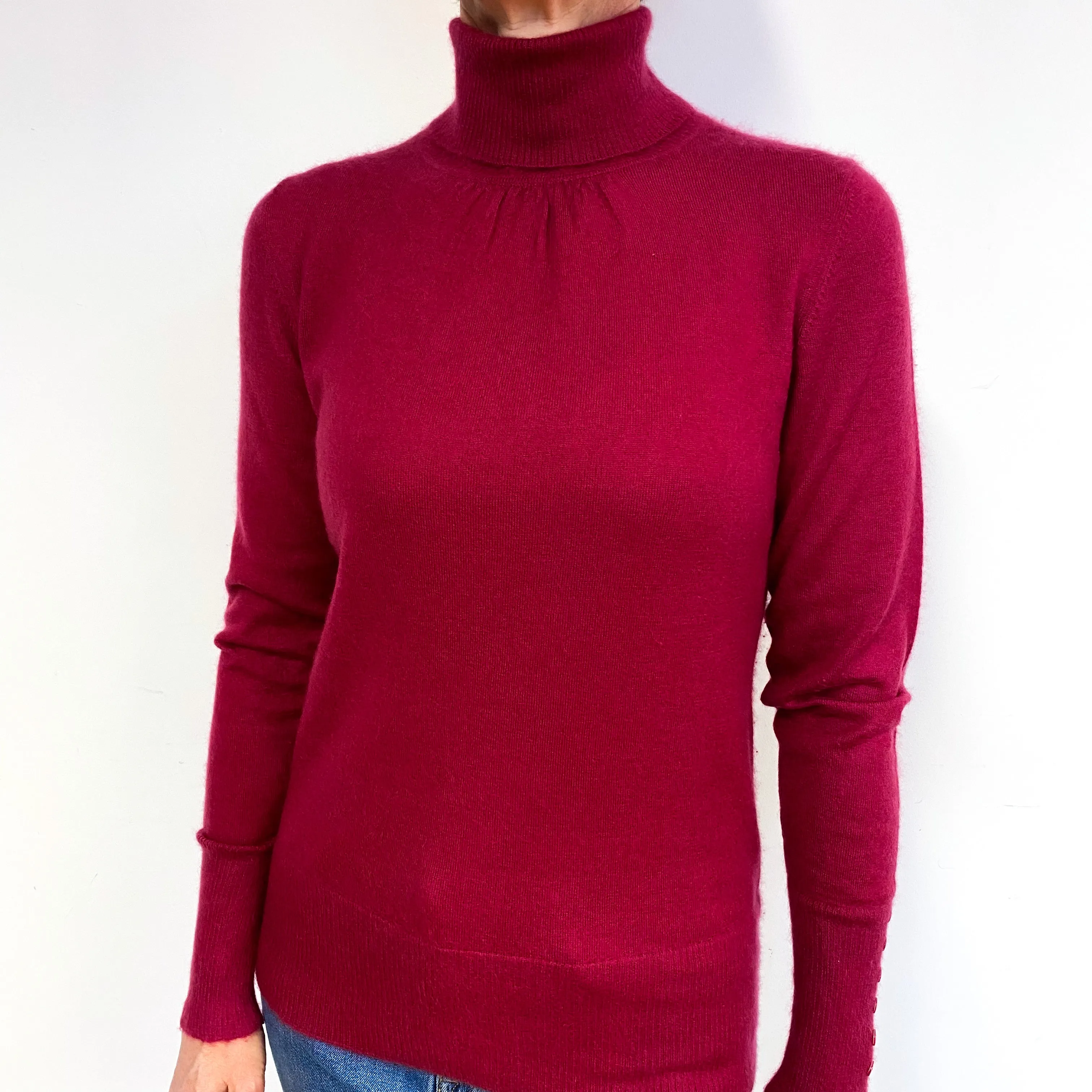 Cherry Red Button Cuff Cashmere Polo Neck Jumper Medium