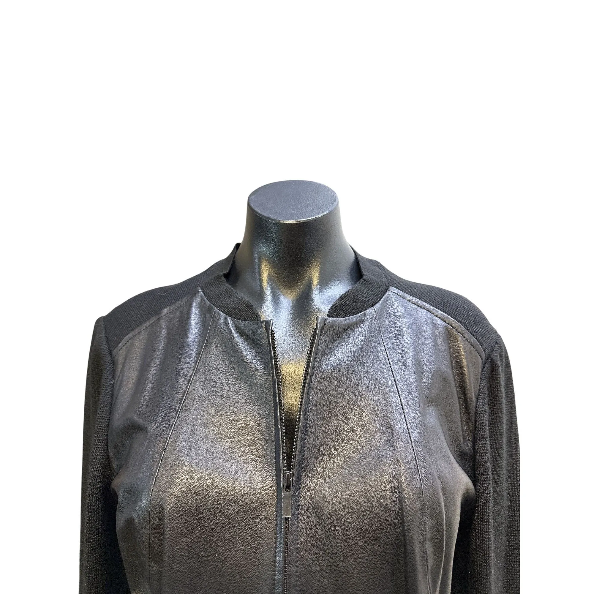Classiques Entier Womens Black Faux Leather Knit Jacket Zip Pockets Size M