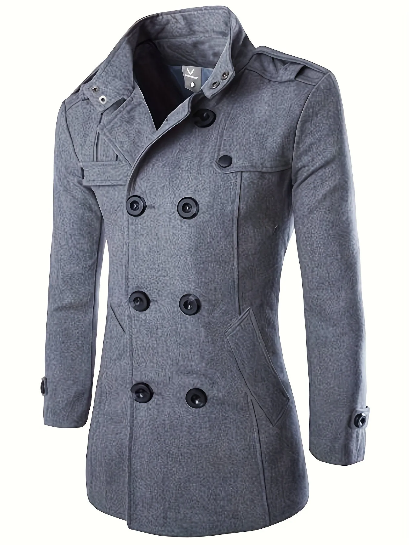 Coatify - Heren Peacoat van Wolmix met Hoge Kraag en Epauletdetails