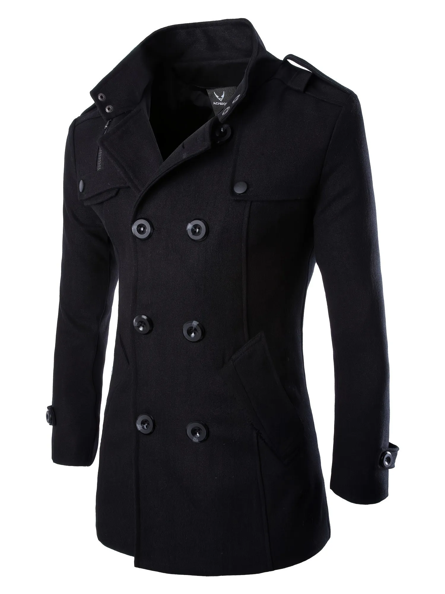 Coatify - Heren Peacoat van Wolmix met Hoge Kraag en Epauletdetails