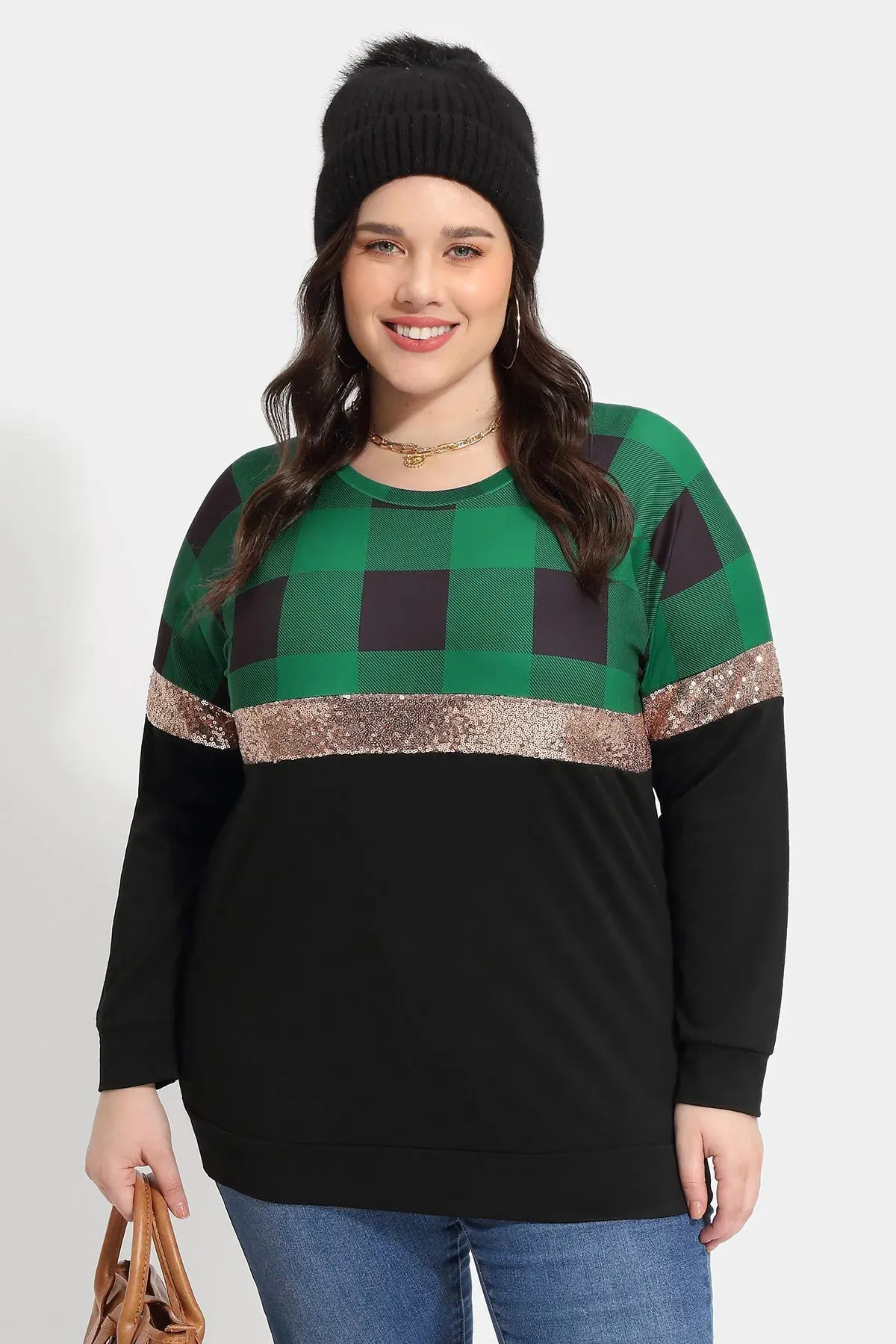 Colorblock Plaid Crewneck Compression Shirt