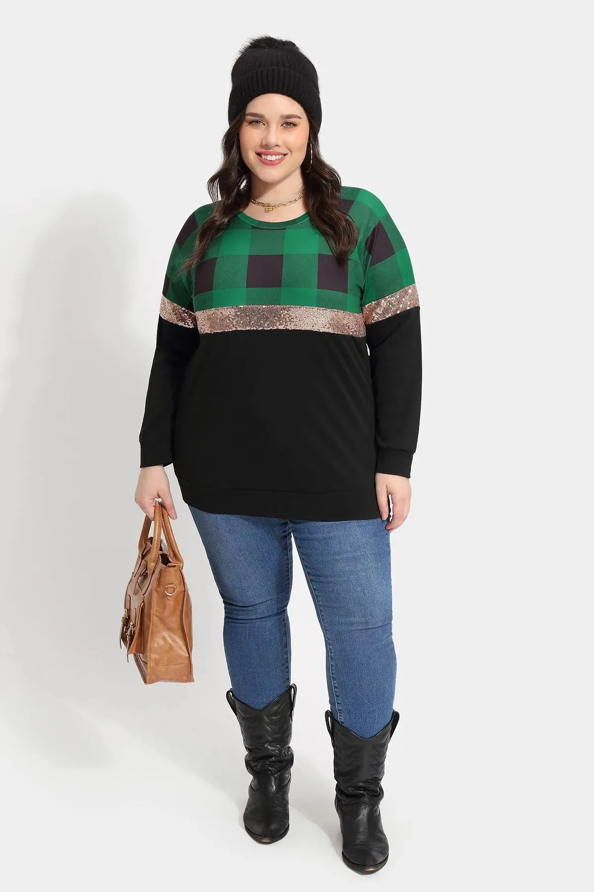 Colorblock Plaid Crewneck Compression Shirt