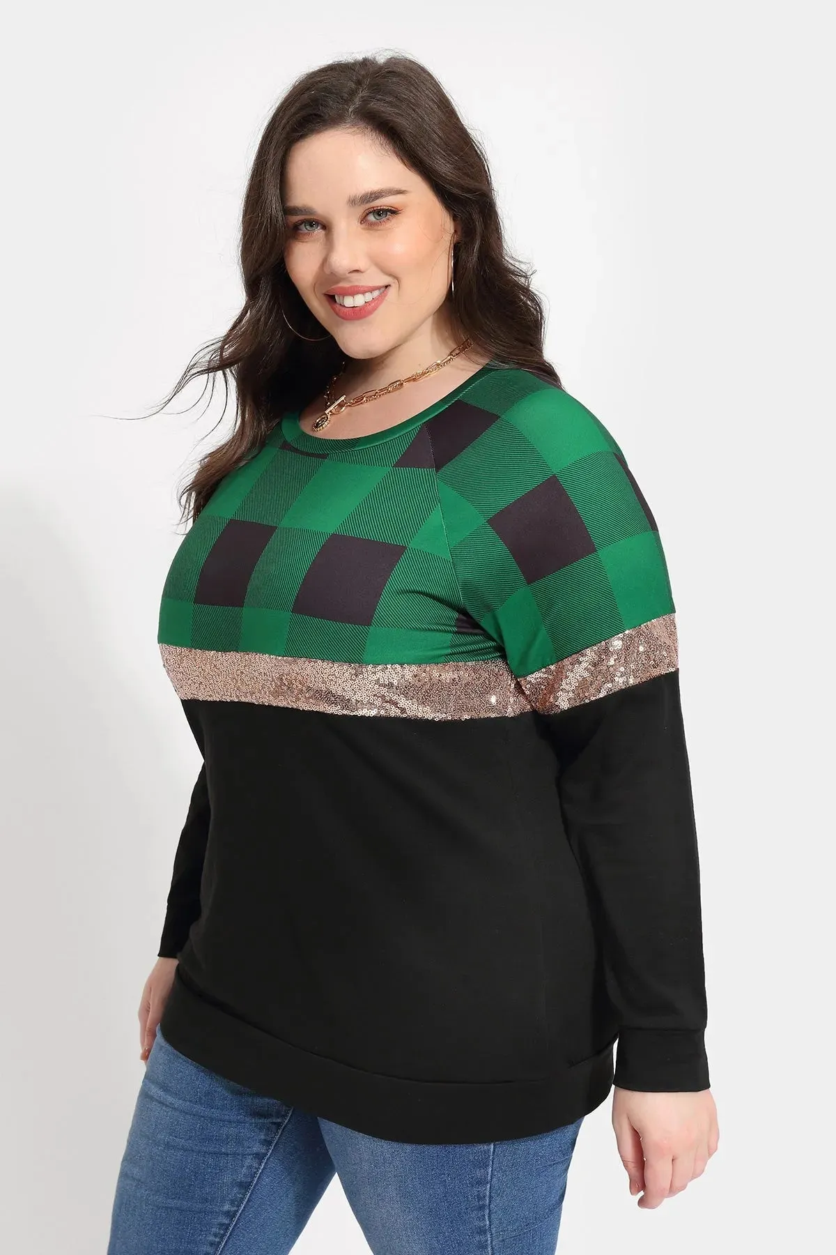 Colorblock Plaid Crewneck Compression Shirt