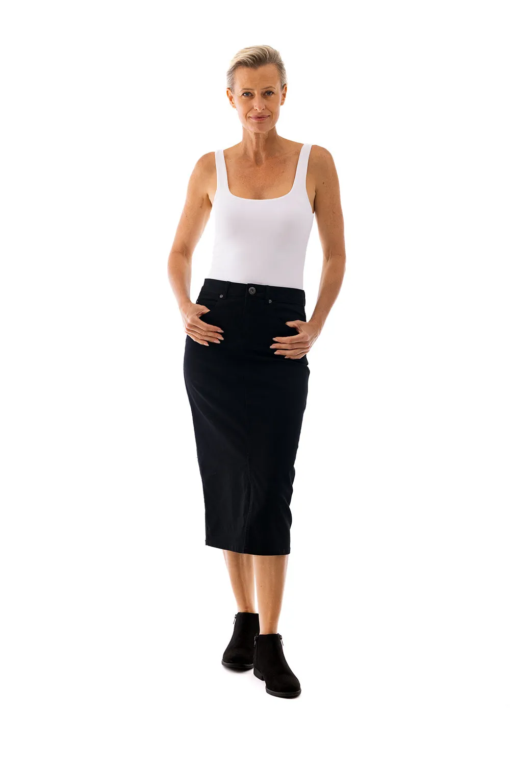Coloured Midi Denim Skirt by Cafe Latte - Black
