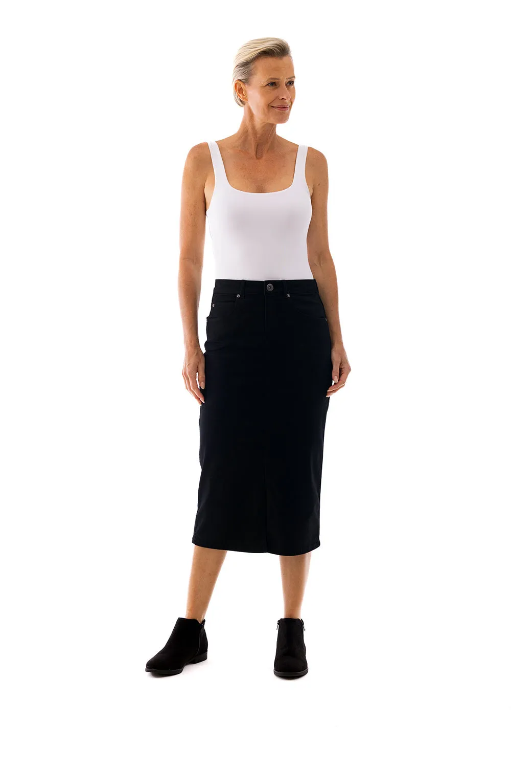Coloured Midi Denim Skirt by Cafe Latte - Black