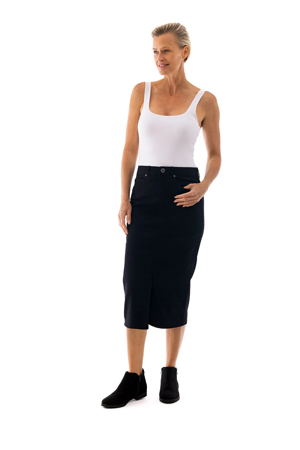 Coloured Midi Denim Skirt by Cafe Latte - Black