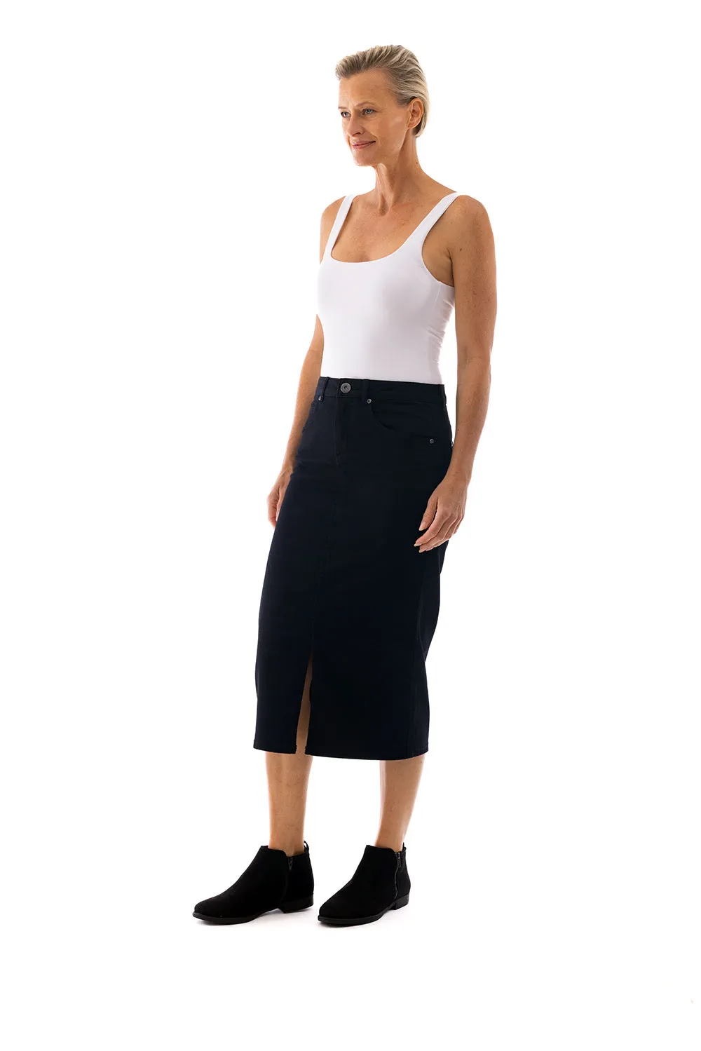 Coloured Midi Denim Skirt by Cafe Latte - Black
