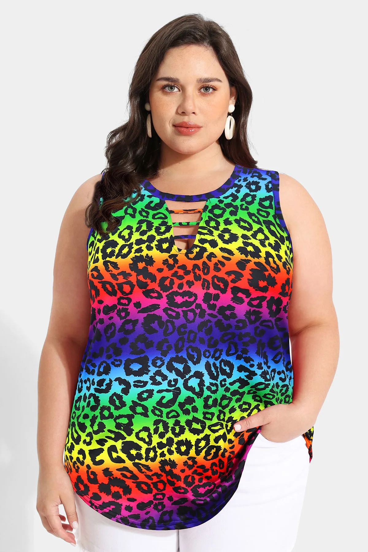 Contrast Rainbow Leopard Crisscross Crewneck Tank