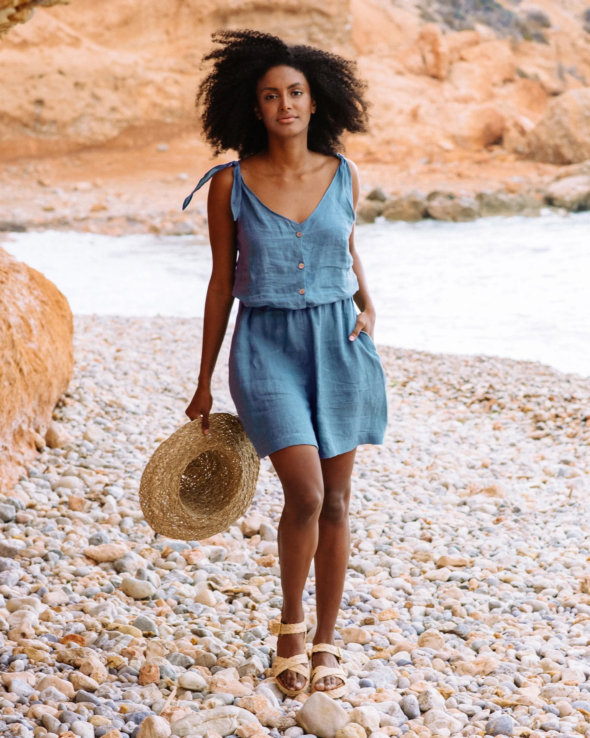 Cozy linen romper MENDOCINO in Ocean blue