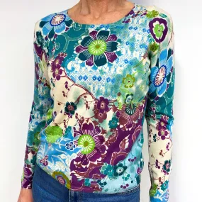 Cream And Green Patterned Cashmere Crew Neck Jumper Medium