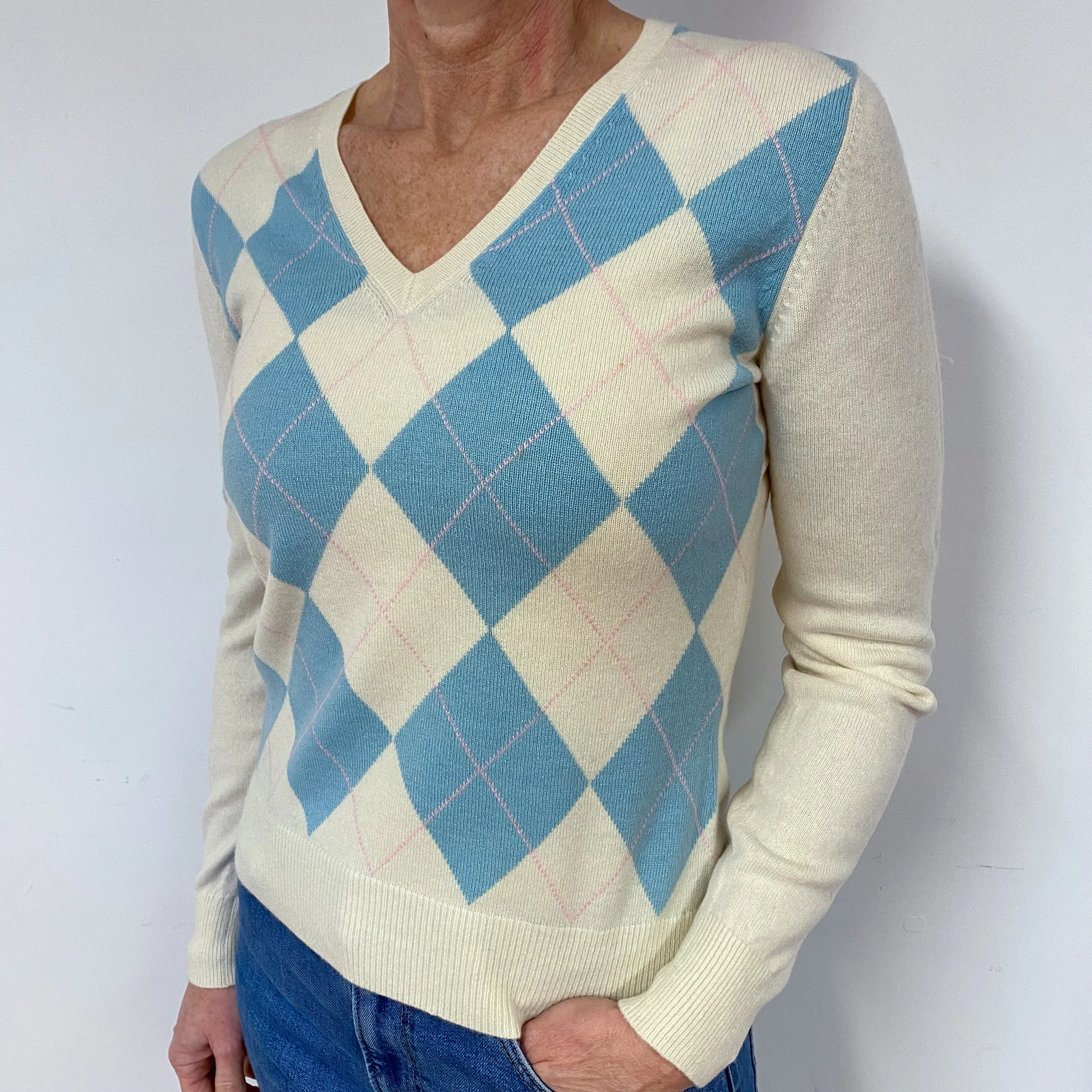 Cream Aqua Diamond Cashmere V-Neck Jumper Medium