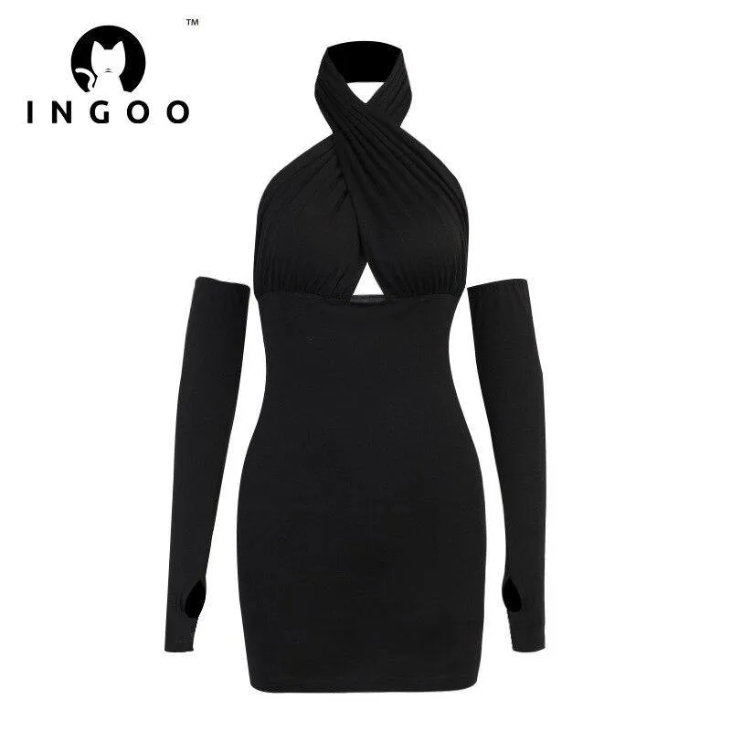 Cross Halter Bodycon Dress With Sleeves Women Sexy Hollow Out