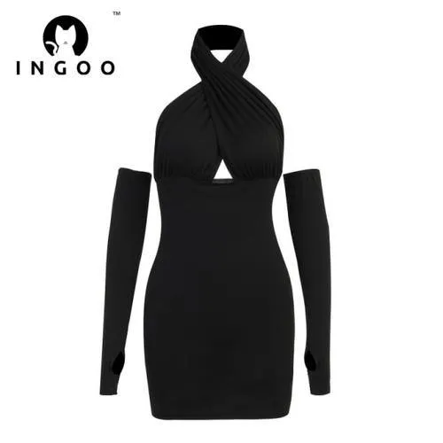Cross Halter Bodycon Dress With Sleeves Women Sexy Hollow Out