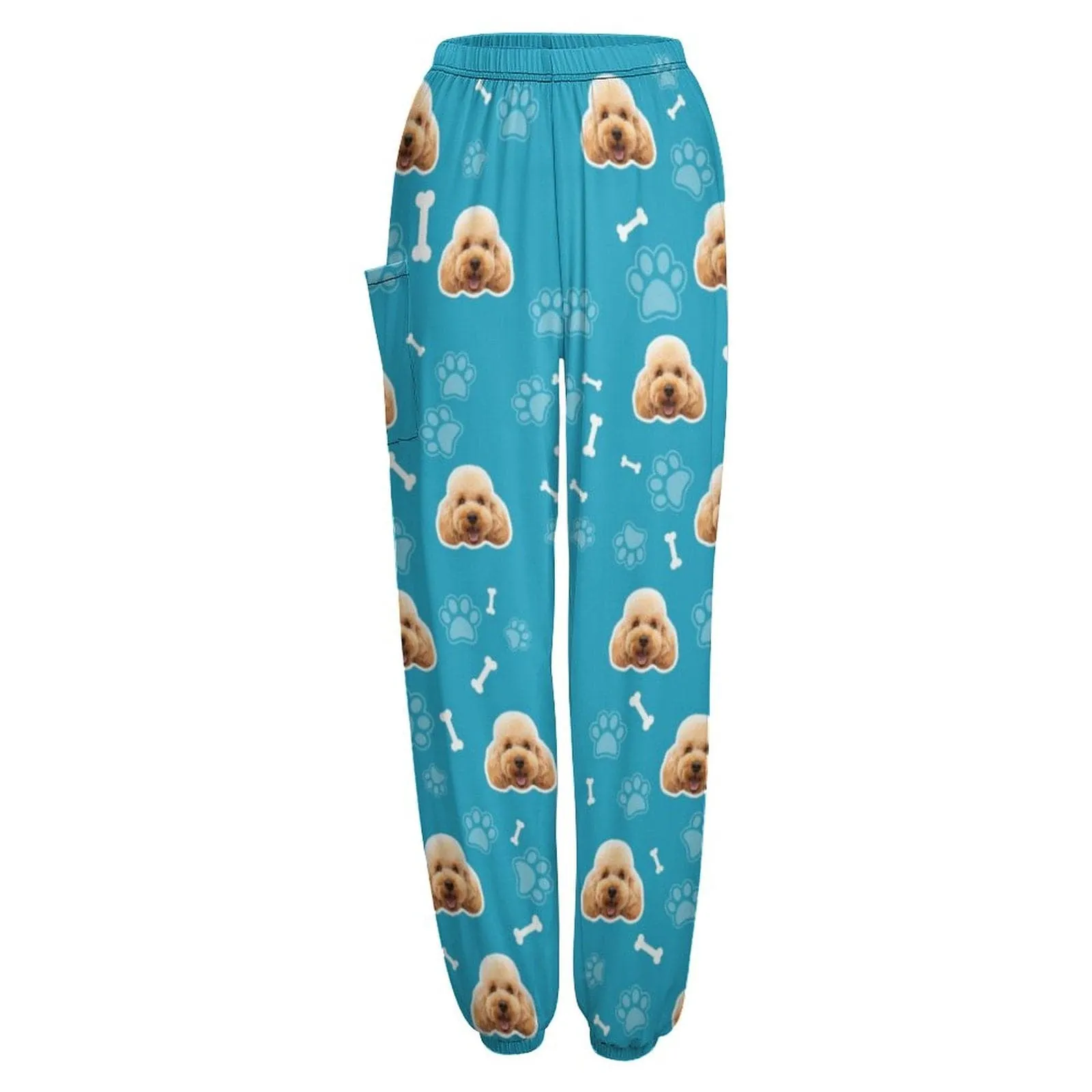 Custom Pet Face Bone Paw Print Multicolor Women's Jogger Casual Trousers Elastic Waist Sports Pants With Pocket